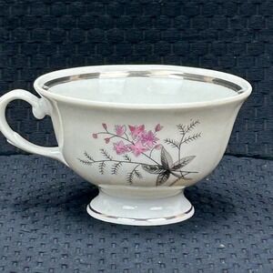Karolina Poland China Teacup Pink Floral Silver Trim Vintage Porcelain 3879 4